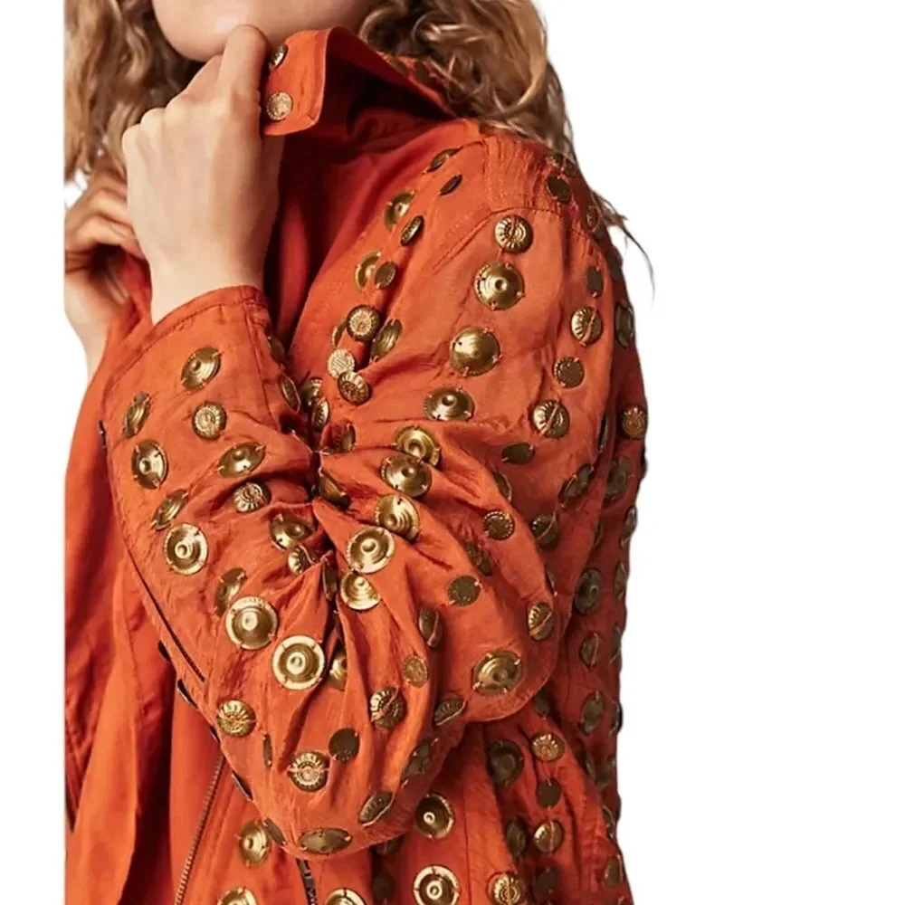 NWOT FREE PEOPLE Chelsea Coin Moto Jacket Orange/Gold Size XS